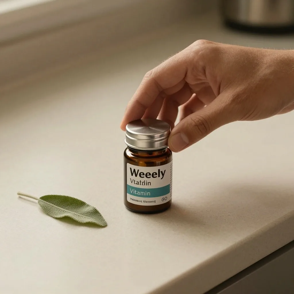 A hand closing a compartment lid of a steel vitamin organizer